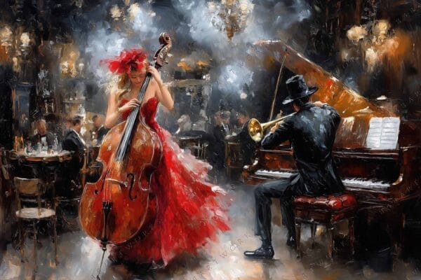 Impressionist painting of a woman in red playing cello beside a pianist in black.