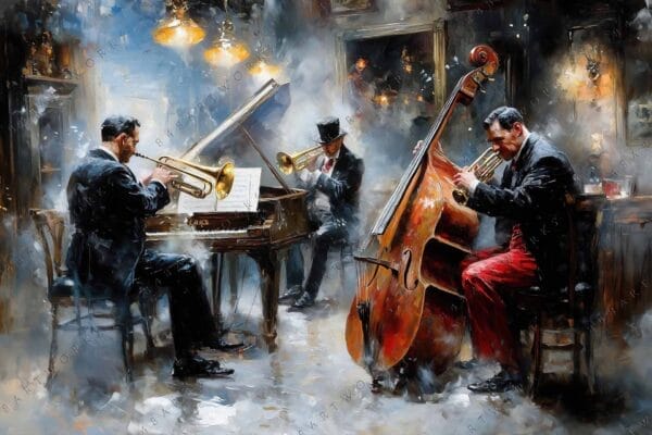 Oil painting of jazz band with bass, trumpet, and piano in dim, moody setting.