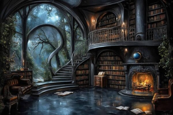 Digital painting of a cozy library with spiral staircase and glowing fireplace.