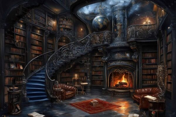 "Digital painting of a grand library with a spiral staircase and a glowing fireplace."