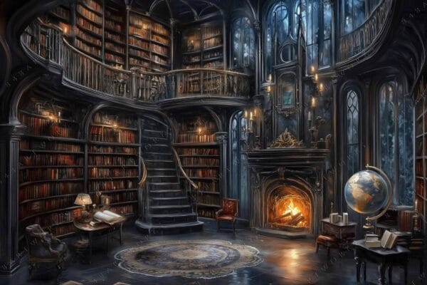 "Digital painting of a cozy, dimly-lit library with shelves, fireplace, and a globe."