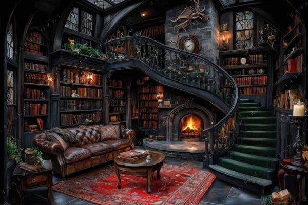 Digital art of a cozy library with fireplace, curved staircase, and leather furniture.