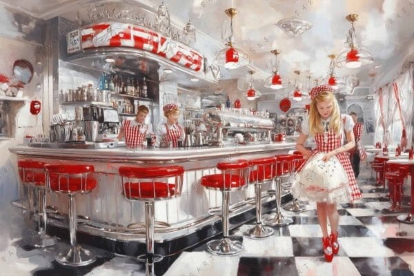 Nostalgic digital painting of a 1950s diner with red checkered uniforms and decor.