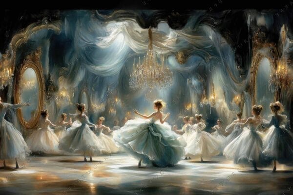 Oil painting of ballerinas in flowing gowns dancing under chandeliers with a mirrored background.