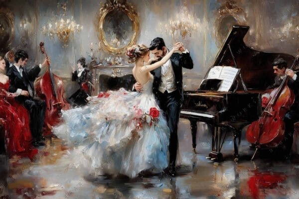 Romantic oil painting of elegantly dressed couple dancing in a grand music hall.