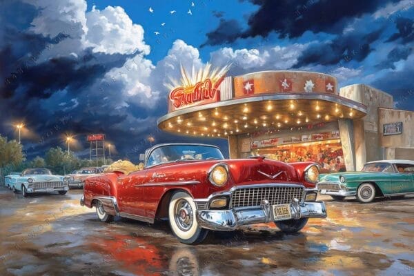 Oil painting of vintage cars outside a retro diner under a dramatic sky.