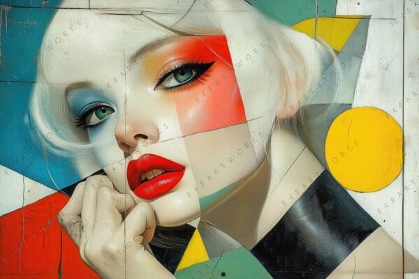 "Abstract digital art portrait of a woman with geometric shapes and bold colors."