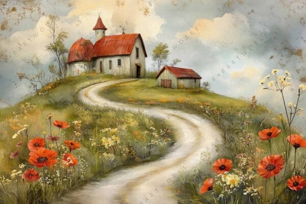 Digital painting of a cottage with red roof on a hill, surrounded by wildflowers.
