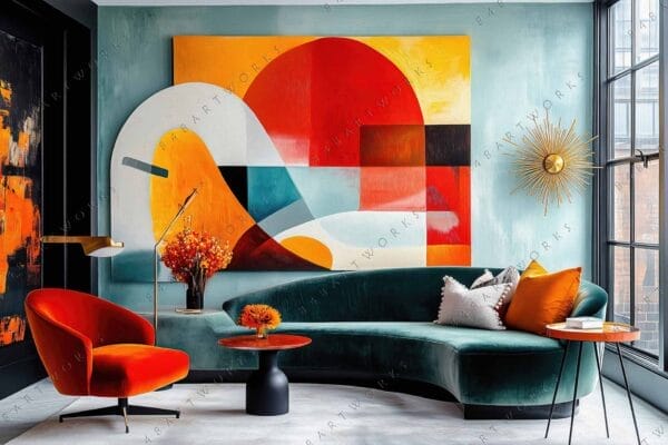Modern living room with abstract geometric painting, teal sofa, and orange accents.