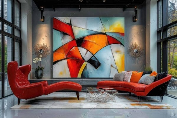Modern living room with abstract painting and bright red furniture arrangement.