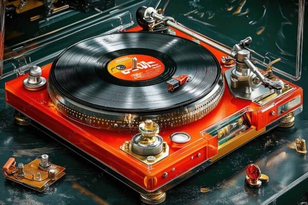Digital artwork of a vintage red turntable with black vinyl record on dark surface.