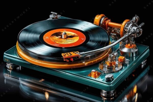 Digital artwork of a futuristic turntable with vibrant orange and teal accents.