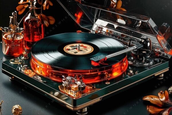 Futuristic digital rendering of a record player with warm amber and metallic tones.
