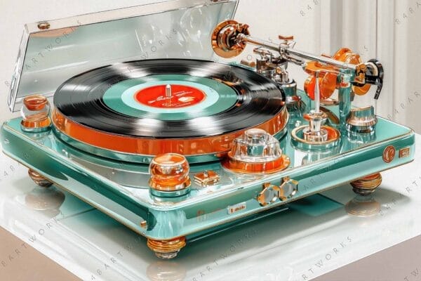 "Futuristic digital art of a glossy turquoise and orange turntable with a vinyl record."