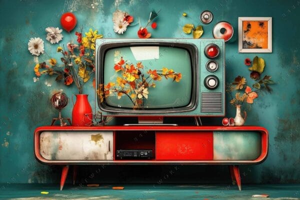 Retro digital art of floral decorations around vintage teal and red television set.