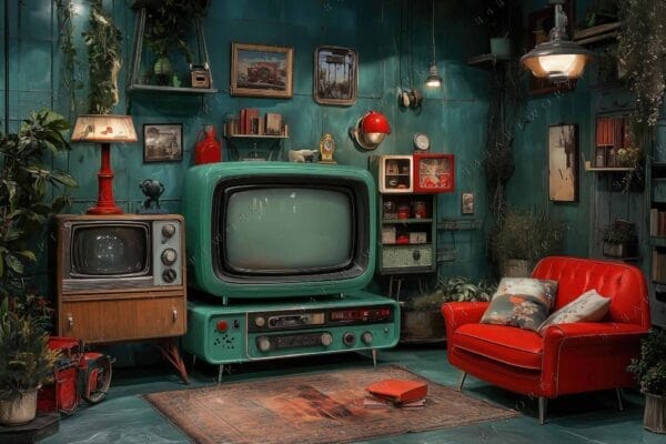 Vintage-style room with teal walls, retro televisions, and red furniture.