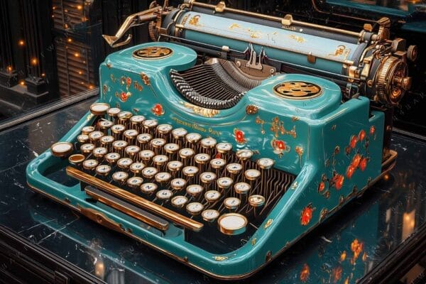 "Digital art of a teal vintage typewriter with gold floral accents and dark background."
