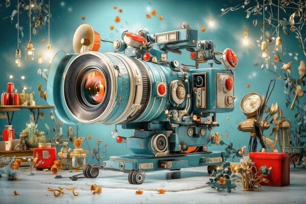"Whimsical digital artwork of a vintage camera in a surreal, colorful setting."
