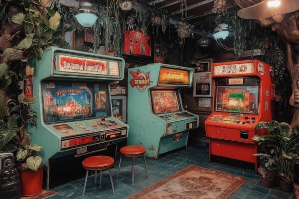 Vintage arcade machines in a forest-themed room with vibrant green and red hues.