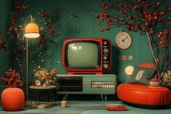 Retro digital art of a vintage TV in a colorful, eclectic living room.
