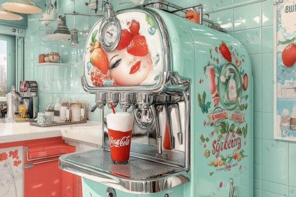 Retro-style digital painting of a pastel mint soda machine in a diner.
