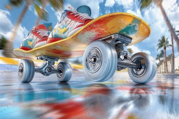 "Digital artwork of sneakers on a skateboard, sunny background with palm trees."