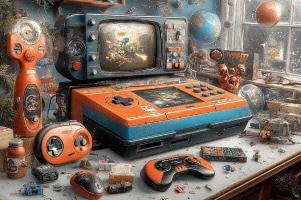 Digital artwork of a retro gaming setup with orange and black console and controllers.