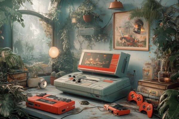 Digital art of vintage gaming setup surrounded by lush indoor plants.