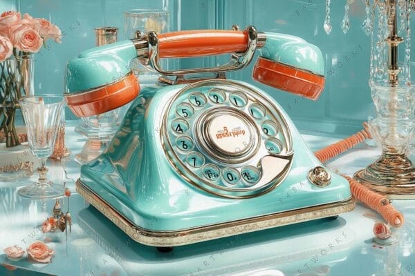 Vintage rotary phone on elegant turquoise and orange digital artwork table setting.