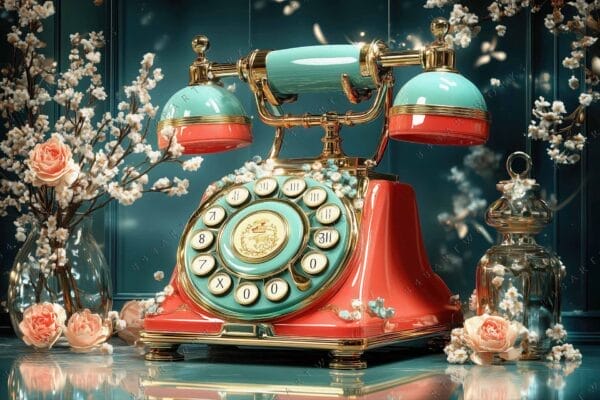 Vintage rotary phone digital art with teal and coral tones, surrounded by flowers.