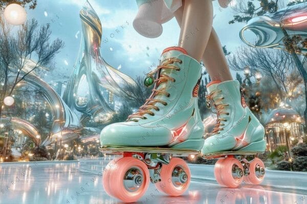Futuristic digital art of mint green roller skates with orange wheels on icy surface.