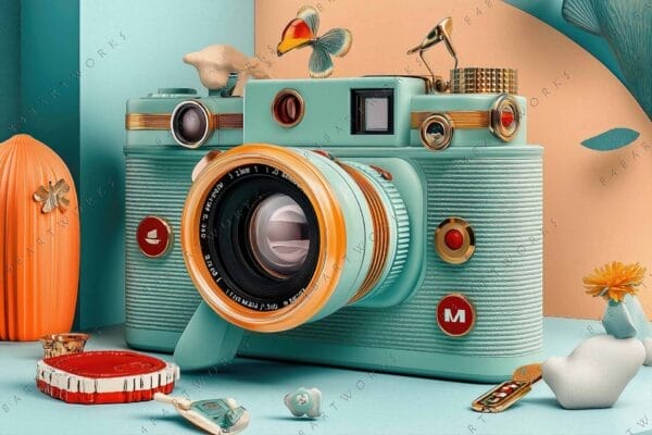 "Digital artwork of a vintage teal and orange camera with decorative elements."