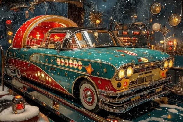 Futuristic digital painting of a colorful, retro-style car in a snowy setting.