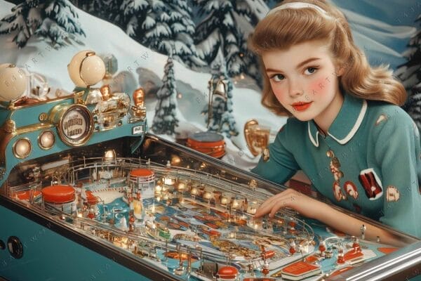 "Retro-style digital art of a woman playing a vintage pinball machine in snowy setting."