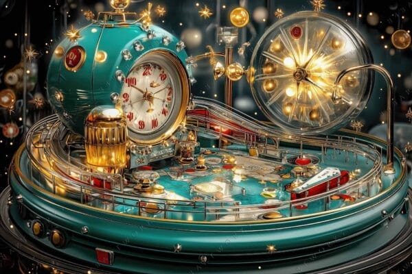 "Steampunk-inspired digital artwork of a teal and gold clockwork pinball machine with bright lights."