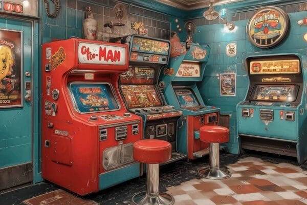 Vintage-style digital painting of a retro arcade with colorful game machines.
