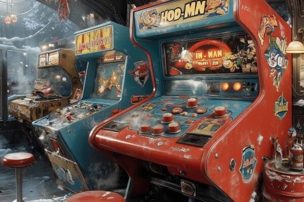 Digital artwork of vintage arcade machines covered in snow, inside an old gaming arcade.