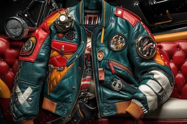 Colorful digital art of a vibrant leather jacket with patches and detailing.