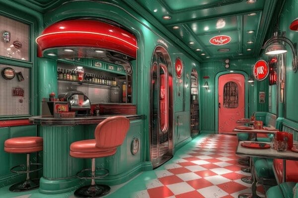 Retro-themed digital rendering of a diner with turquoise and red accents, checkered floor.