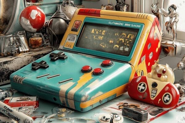 Digital artwork of a retro gaming console in blue, yellow, and red tones.
