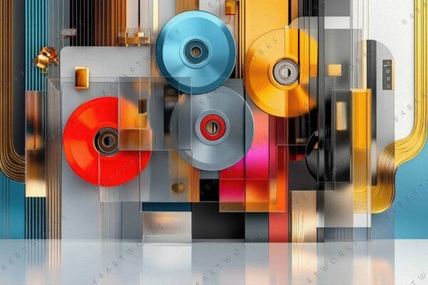"Abstract digital art with overlapping geometric shapes in red, blue, and gold tones."