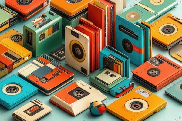 "Digital art of colorful retro devices in teal, orange, and beige tones."