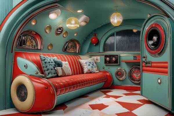 Retro-futuristic digital artwork of a vibrant teal and red interior with rounded furniture.