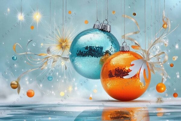"Digital art of turquoise and orange mosaic ornaments with ribbons on blue background."