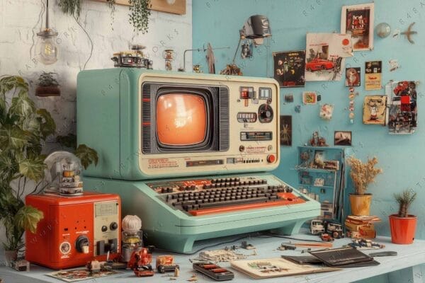 "Retro digital art of vintage computer and electronics on cluttered desk with pastel colors."