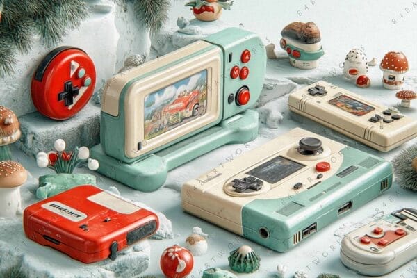 Vintage-inspired digital art of retro gaming consoles surrounded by whimsical mushroom sculptures.