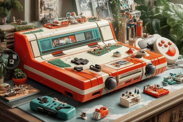 Retro-inspired digital rendering of a custom gaming console with toy city elements and plants.