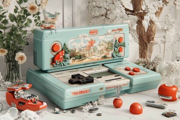 Retro fantasy-themed digital art of a mint green gaming console with floral decor.