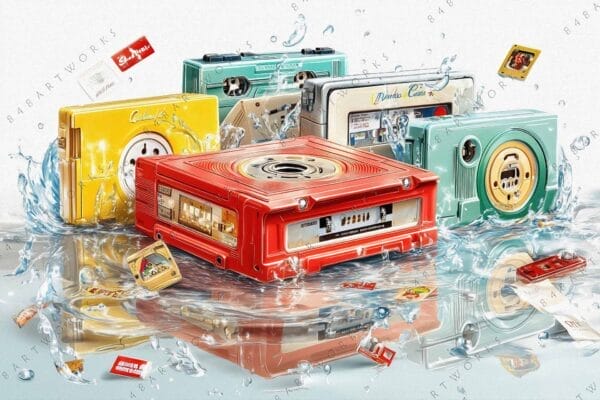 Digital artwork of colorful retro cassette tapes splashing through water.