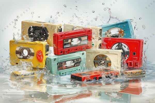 "Digital art of colorful cassette tapes splashing in water, in a retro style."